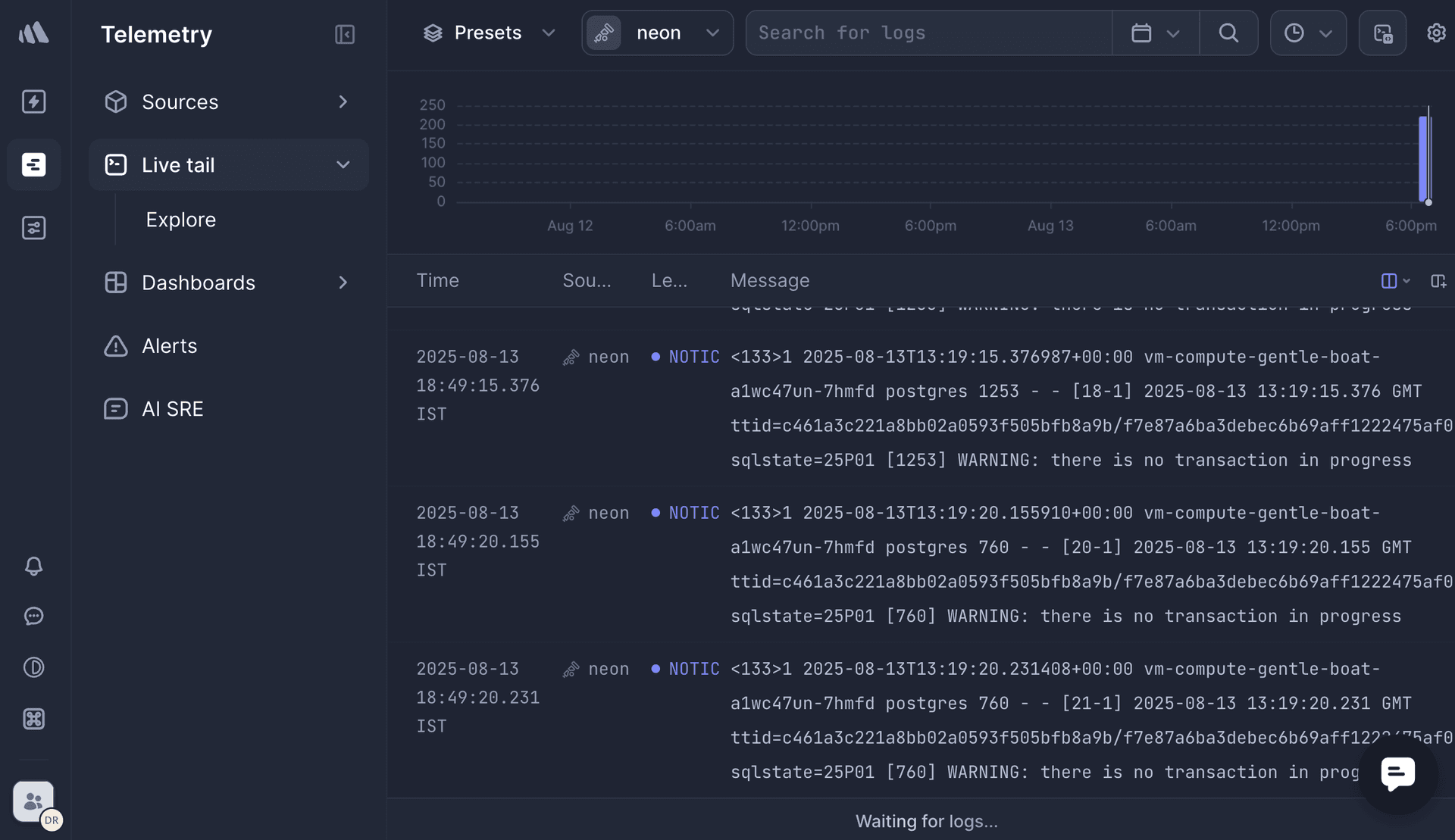 Live tail view in Better Stack showing logs from Neon