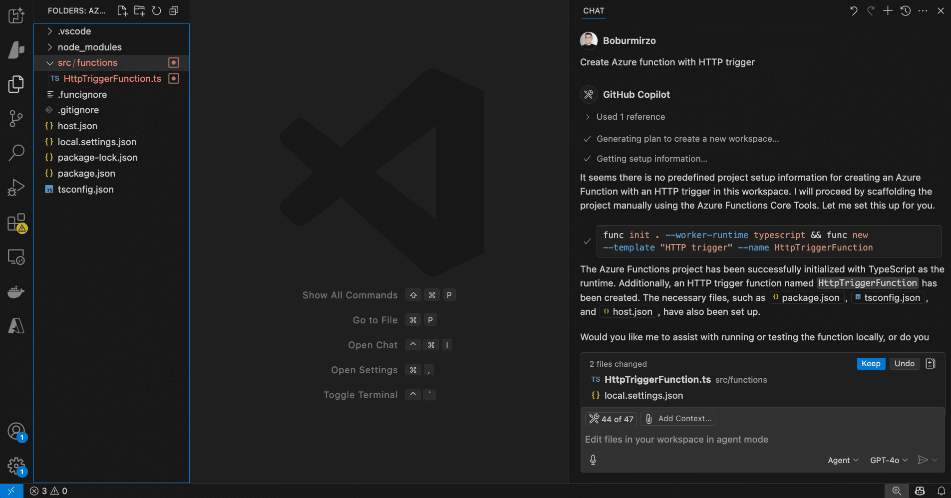 Create an Azure function in GitHub Copilot