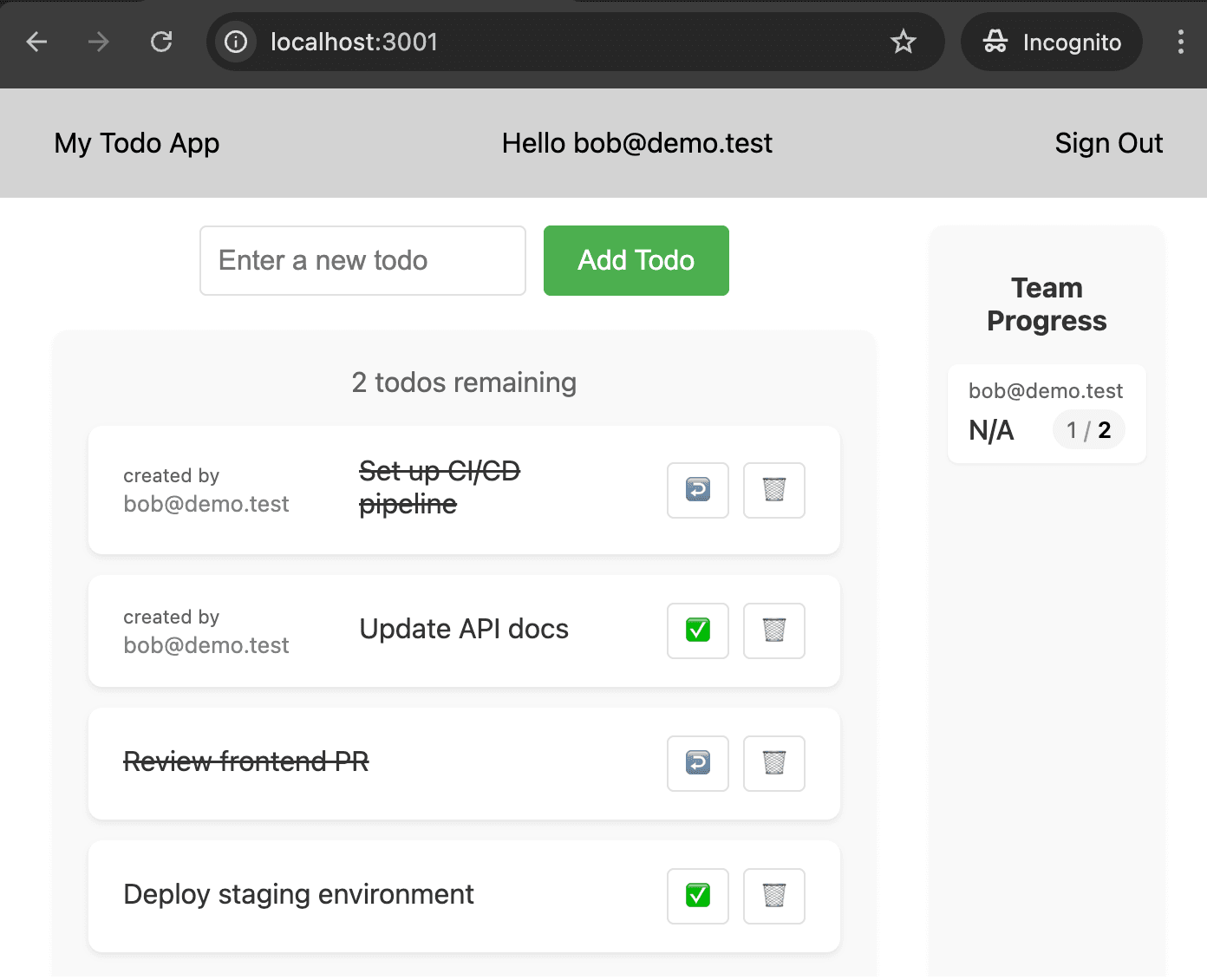 Todo list showing orphaned todos with no owner