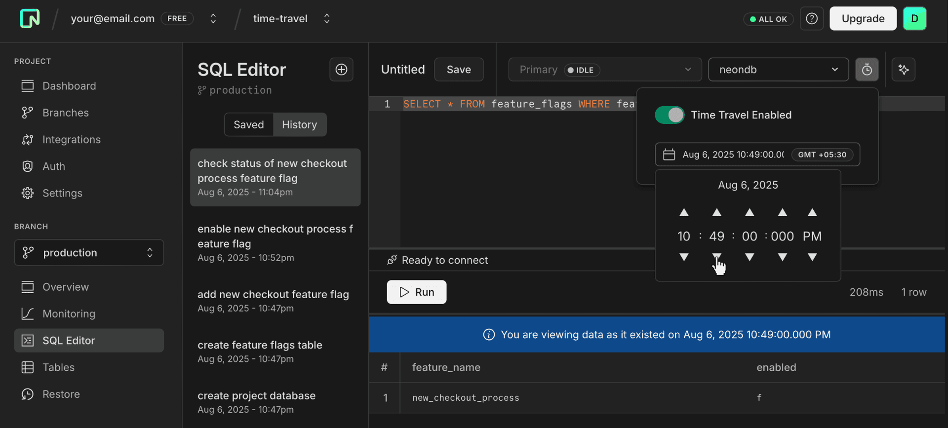 time travel from sql editor