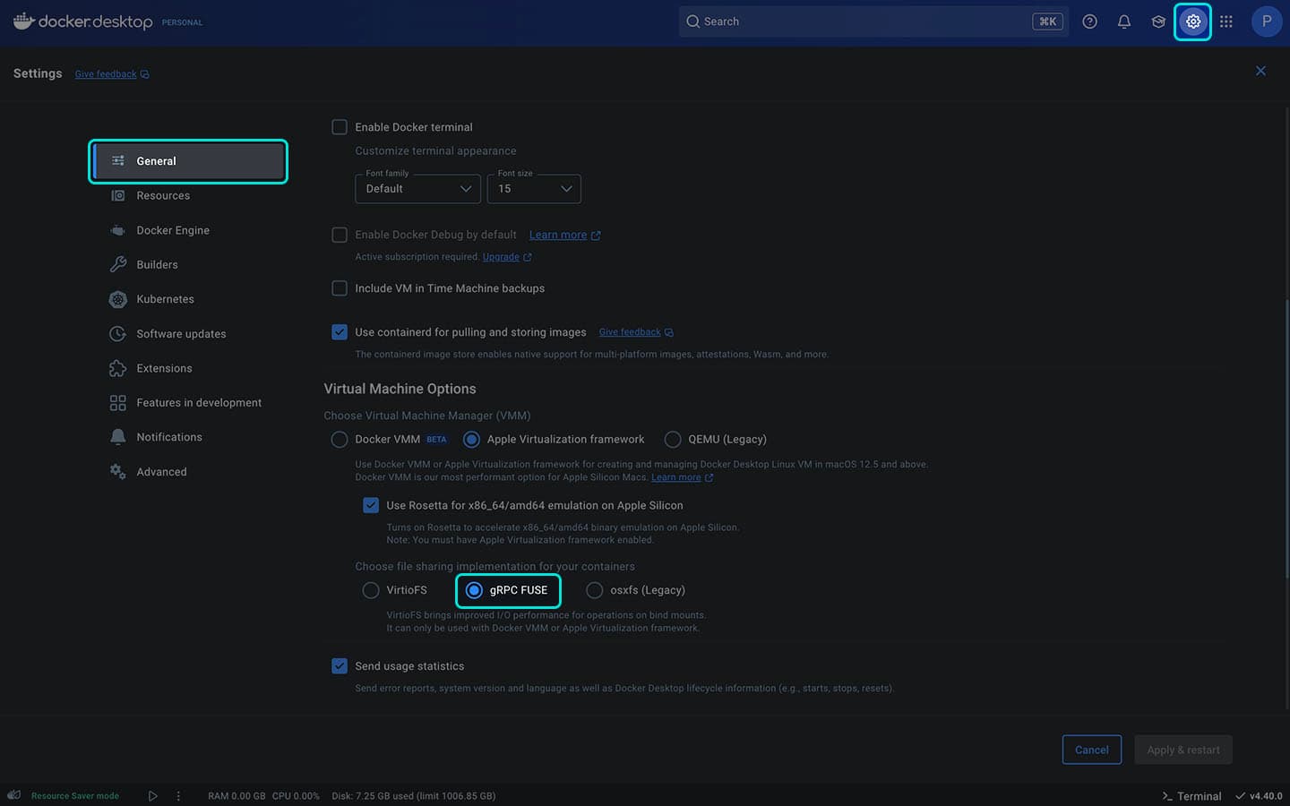 Docker Desktop are set to gRPC FUSE